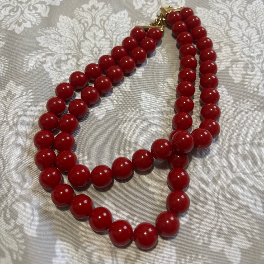 Vintage Monet Red Bead Double Strand Necklace – Gold Bow Clasp